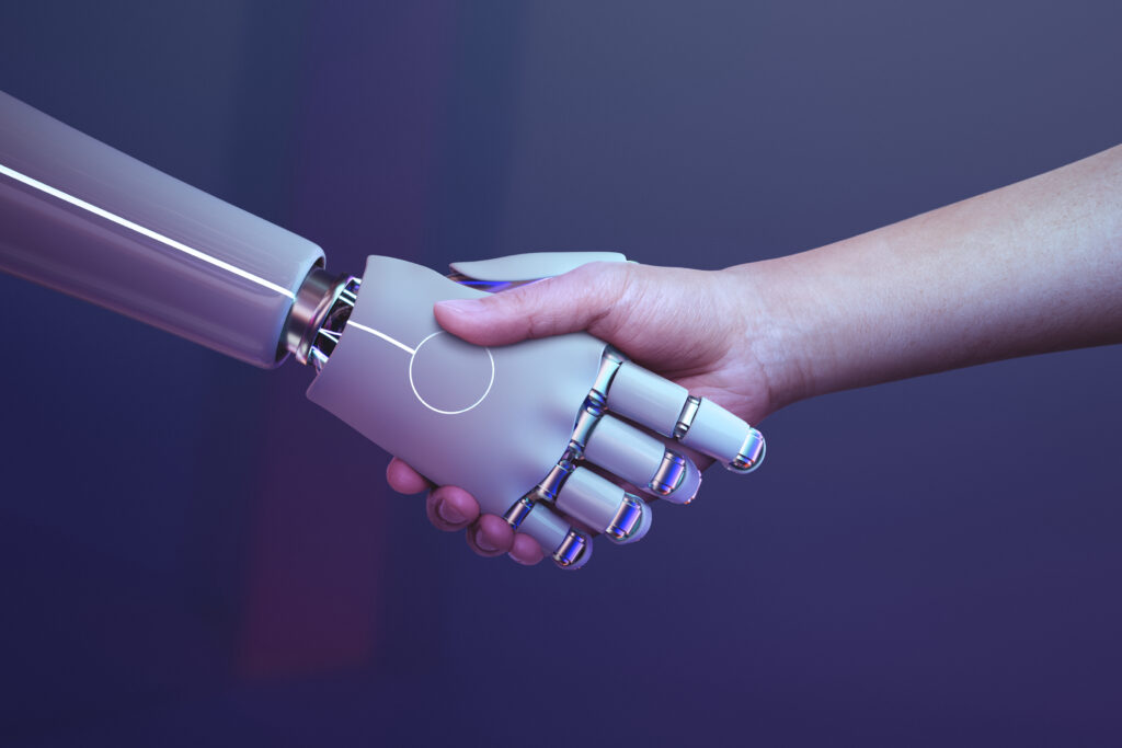 The Role of Chatbots and AI in Automating Customer Service Robot handshake human background, futuristic digital age. 2023 Social Media Marketing Trends for Businesses: Maximizing Engagement and Sales